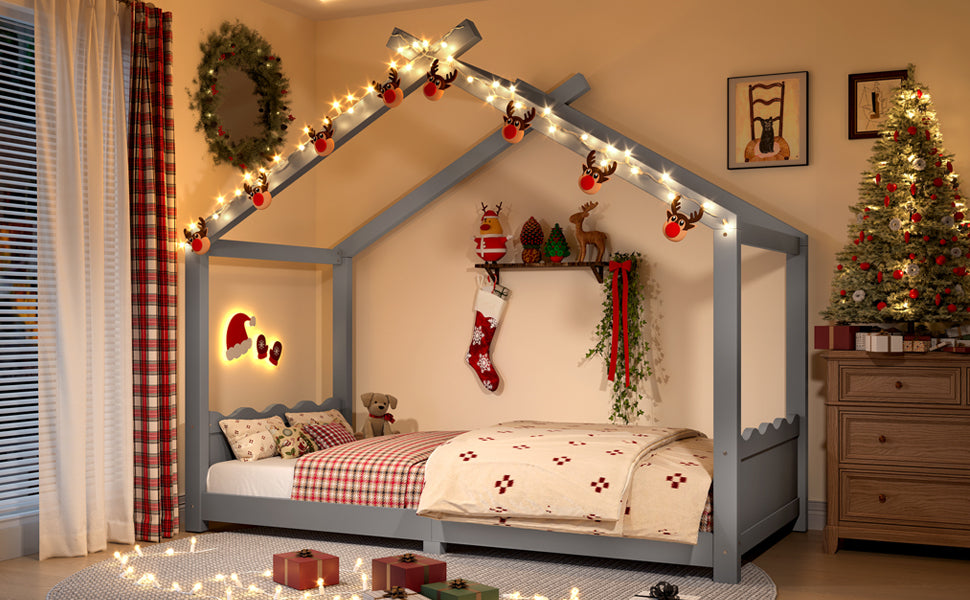 Twin House Floor Bed with Support Slats, Solid Wood House Bed Frame for Kids, No Box Spring Needed and Opening Constructure, Gray