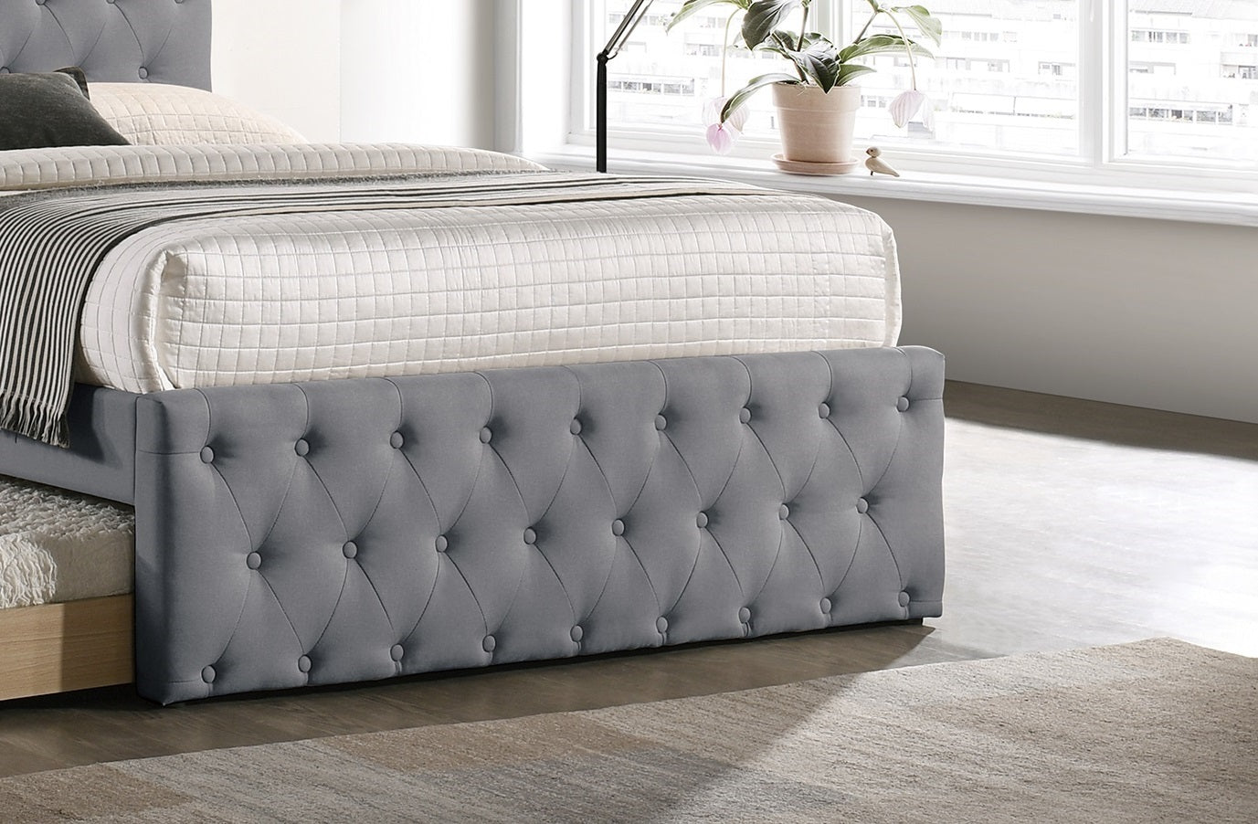 Contemporary Twin Size Bed w/ Trundle Slats Light Grey Burlap Upholstered Button Tufted Headboard Footboard Youth Bedroom Furniture wooden Slats 1pc Bed