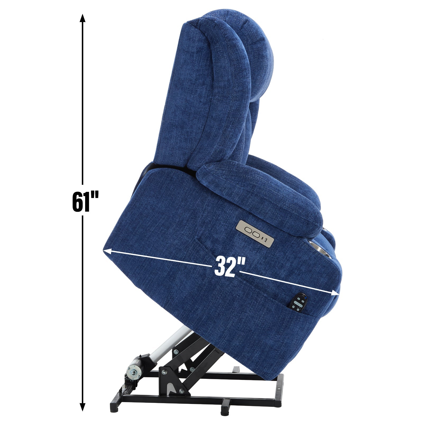 Up to 350 LBS Chenille Power Lift Recliner Chair, Heavy Duty Motion Mechanism with 8-Point Vibration Massage and Lumbar Heating, USB and Type-C Ports, Stainless Steel Cup Holders, Blue