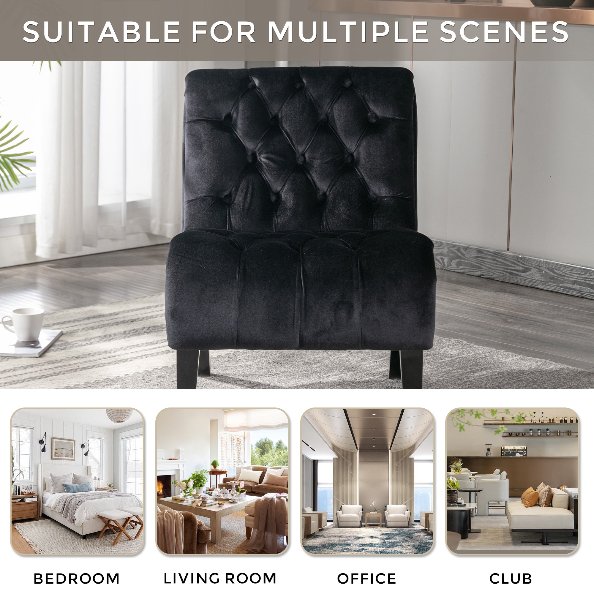 COOLMORE Modern Velvet Armless Accent Living Room Chair / Leisure Chair,Upholstered Fabric Button Comfortable Chair with Wooden Legs for Bedroom, Living Room, Office (Black Velvet)