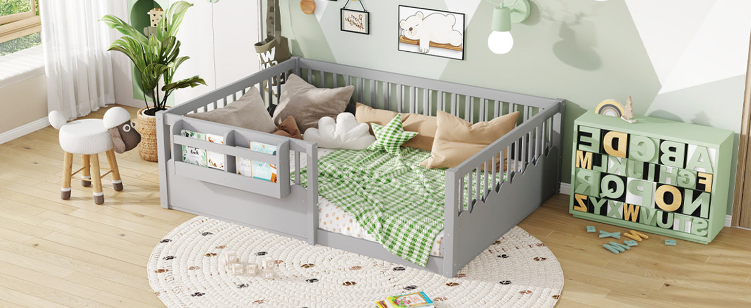 Full Floor bed with Heightened Fence and bookshelf ,Wood Floor Bed for Kids,Gray.