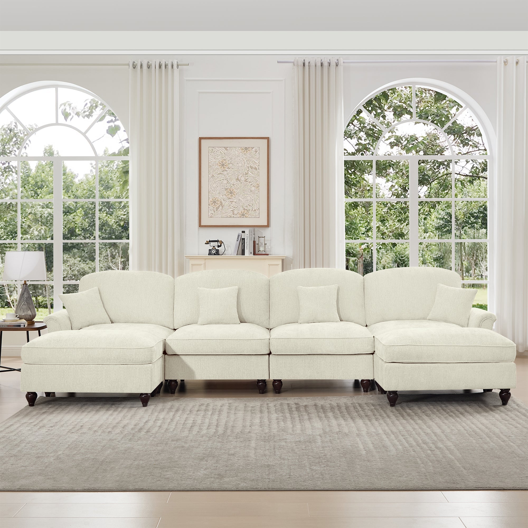 Classic U Shape 4 Seater Modular Sectional Sofa Couch with Flared Arms and Removable Ruffles Pleats Skirts and Spindle Legs, Chenille Deep Seat Cloud Sofa with Movable Ottomans, Beige White