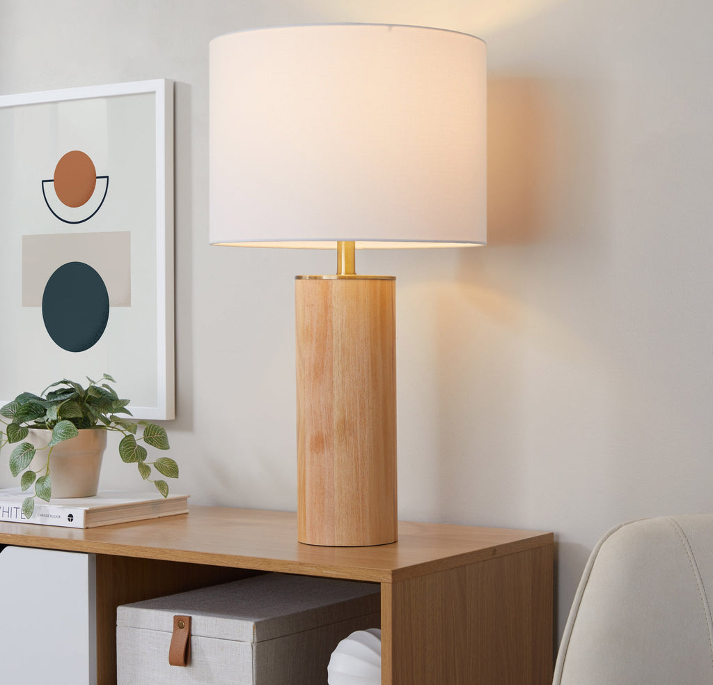 Cylinder Ash 27' Contemporary Wood Table Lamp in Ash Wood, Antique Brass, and White Linen by LumiSource