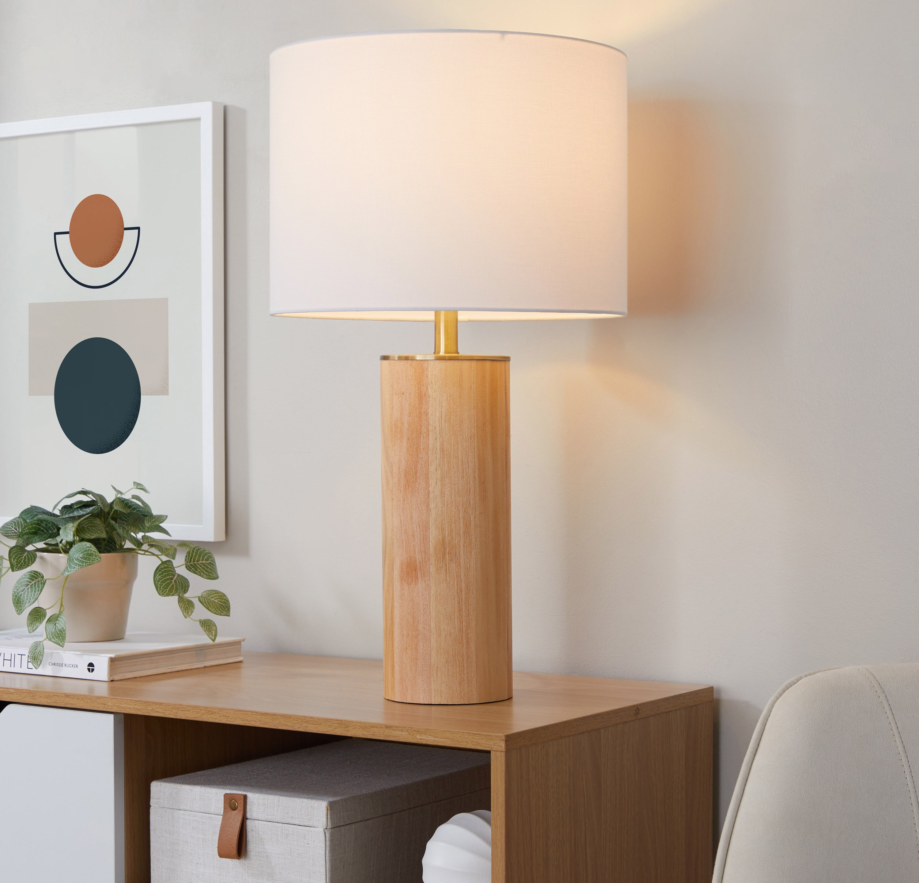 Cylinder Ash 27' Contemporary Wood Table Lamp in Ash Wood, Antique Brass, and White Linen by LumiSource