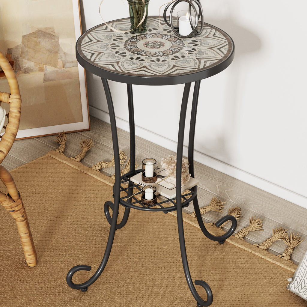 Ceramic Tile and Iron Patio Side Table with Shelf, Brown and Black, 14-inch Diameter