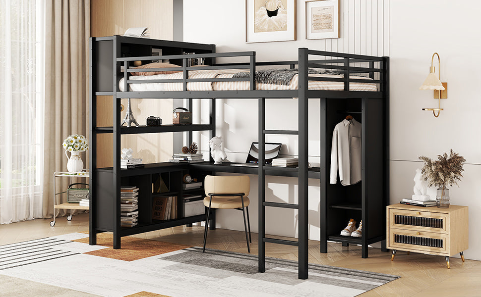 Metal Loft Bed with Wardrobe And L-shaped Desk, Full Size Loft Bed with Storage Cubes and Shelves, Heavy Duty Loft Bed for Kids Teens Adults, Black