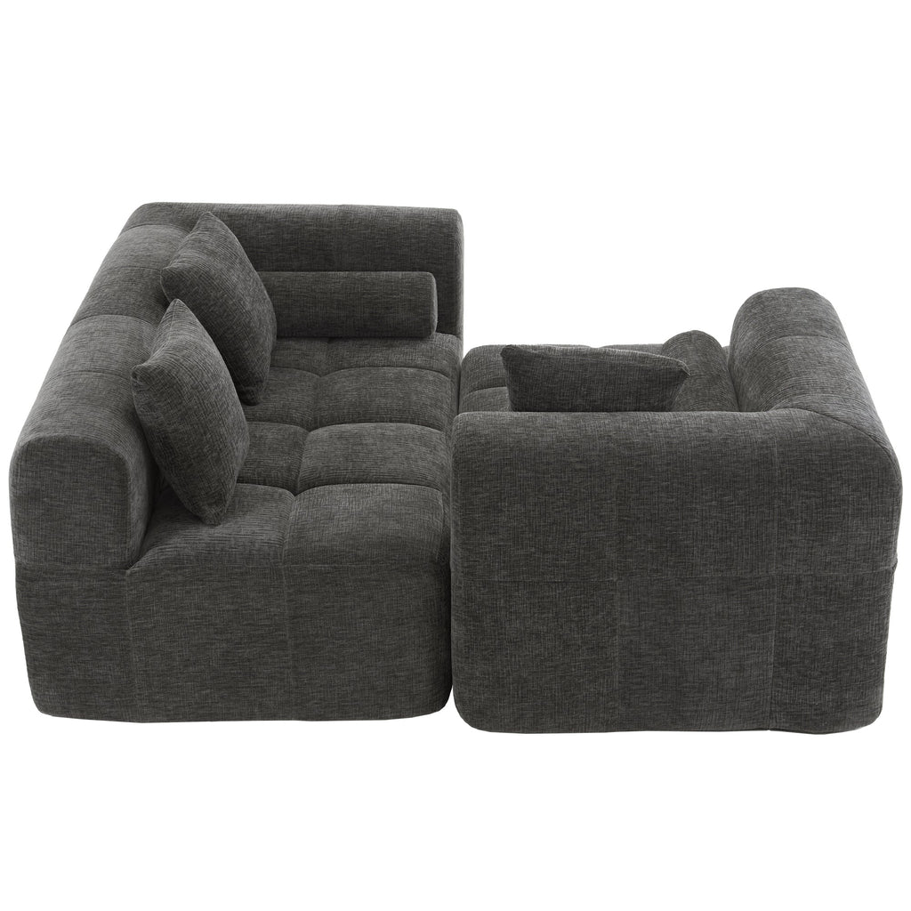 Modern Grey Modular Sectional Sofa with Deep Seating and Side Pockets in Chenille Fabric