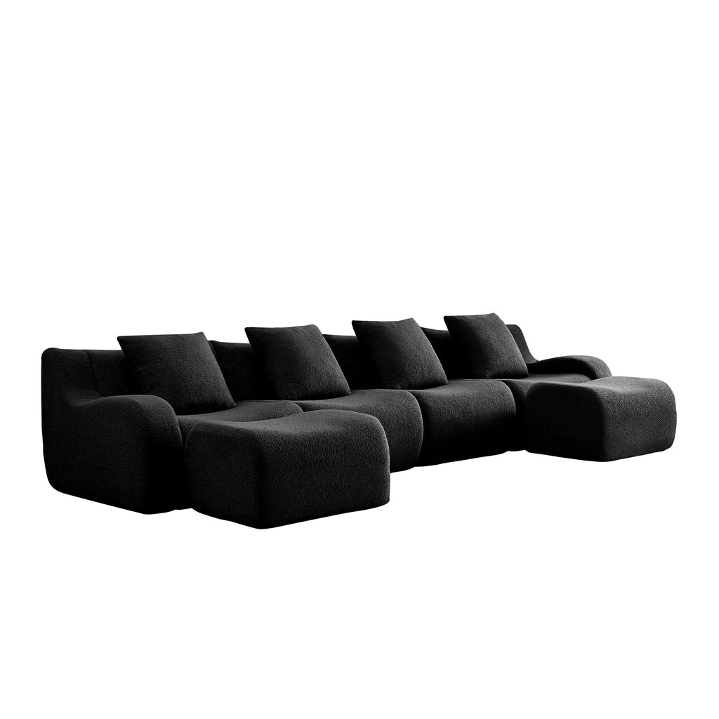 U-Shaped Boneless Sofa,Teddy Fabric No assembly required Curved armrest,Anti-slip Design,Streamlined Design 32D High Density Sponge,Full Compression Vacuum Packag,For Studies living Rooms,Black