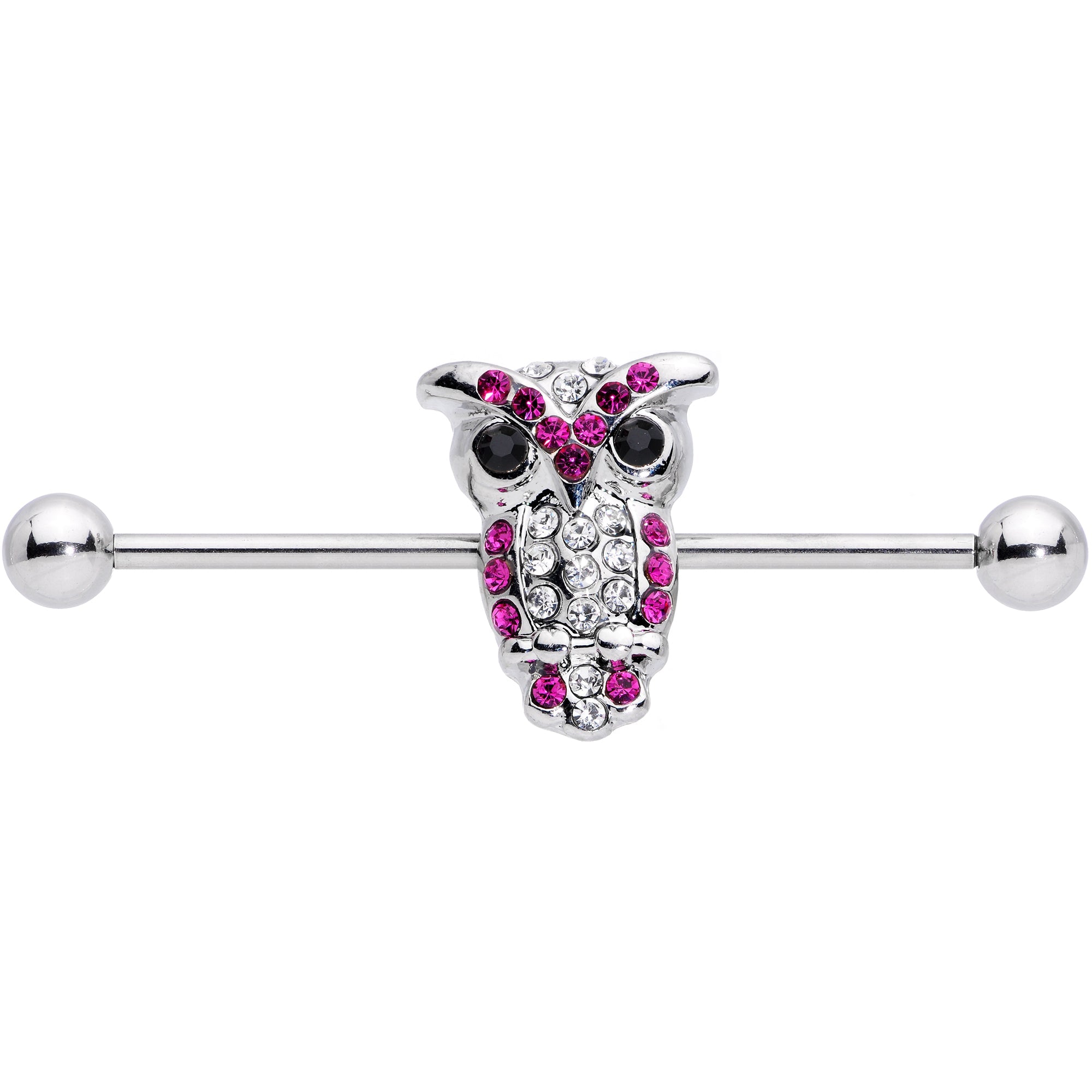 Pink and Clear Gem Paved Owl Industrial Barbell 37mm