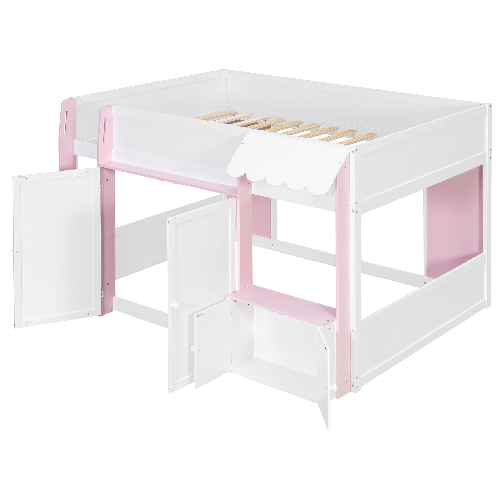 Full Loft House Bed with Playhouse & Storage, Modern Wood Cabin Bed for Kids/Teens, White+Pink
