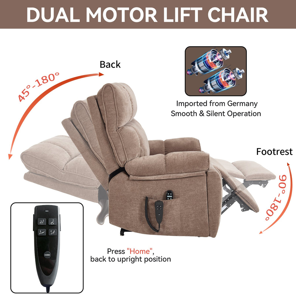 Brown Heat Massage Dual Motor Infinite Position Up to 350 LBS Large Electric Power Lift Recliners with Hidden Cup Holders, Power-Remote, Medium-firm and Heavy Duty