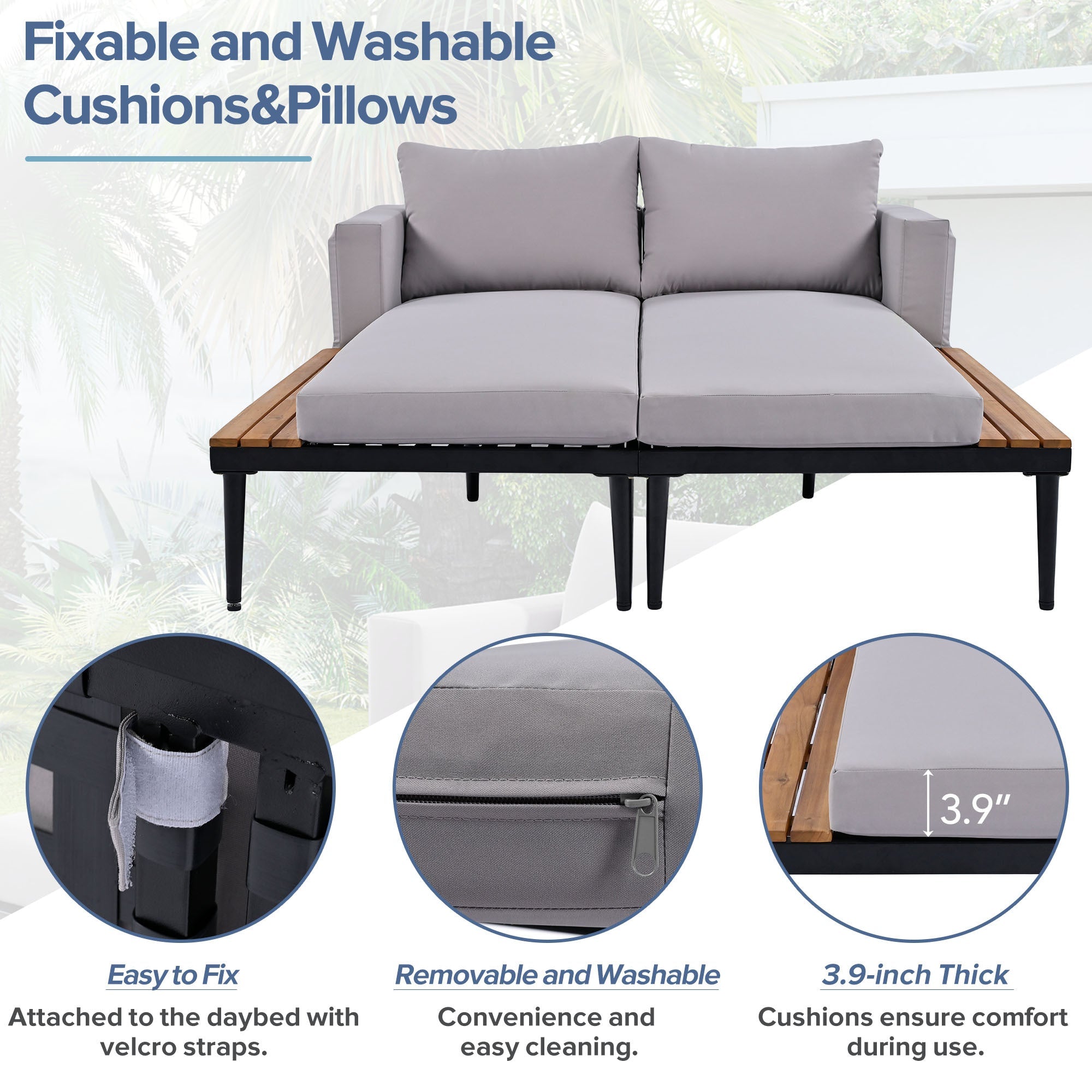 TOPMAX Modern Outdoor Daybed Patio Metal Daybed with Wood Topped Side Spaces for Drinks, 2 in 1 Padded Chaise Lounges for Poolside, Balcony, Deck, Gray