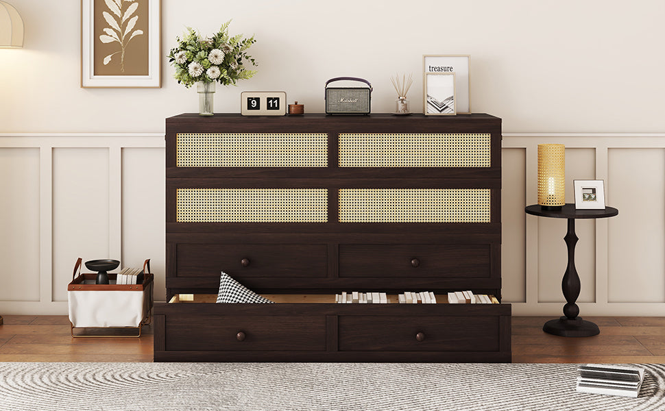 Queen Size Murphy Bed, Pine Wood Cabinet Bed with Rattan Decoration and Storage Drawer,Espresso