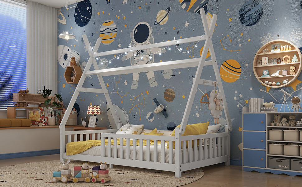 Twin House Bed with Light, Low Floor House Bed with Fence and Roof for Kids Boys Girls,White(Expect arrive date 2025/7/20)