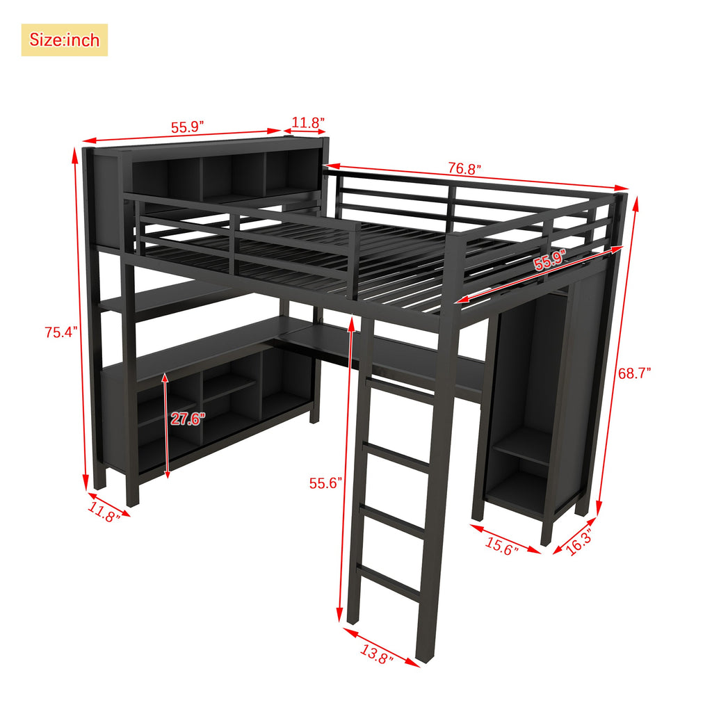 Metal Loft Bed with Wardrobe And L-shaped Desk, Full Size Loft Bed with Storage Cubes and Shelves, Heavy Duty Loft Bed for Kids Teens Adults, Black