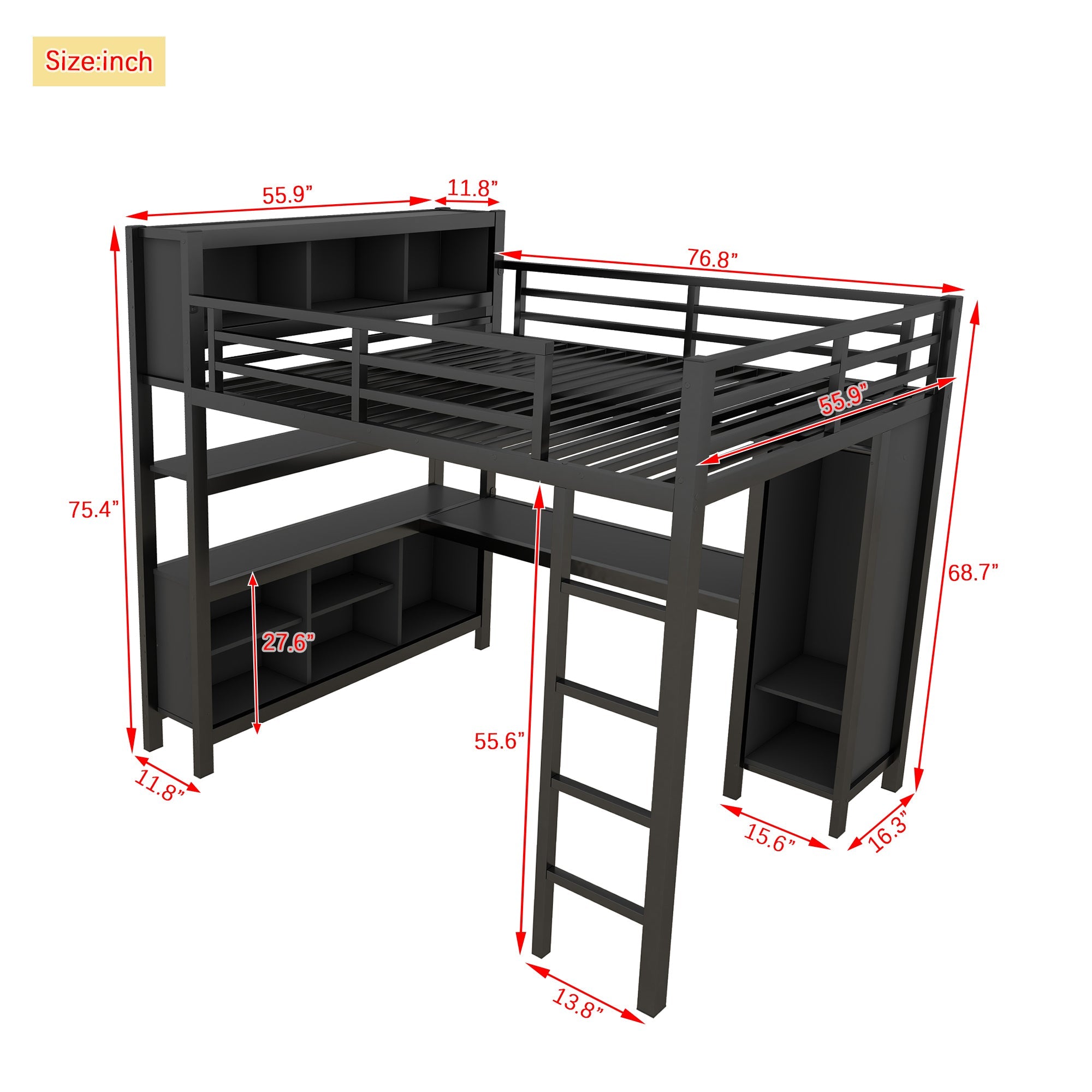 Metal Loft Bed with Wardrobe And L-shaped Desk, Full Size Loft Bed with Storage Cubes and Shelves, Heavy Duty Loft Bed for Kids Teens Adults, Black