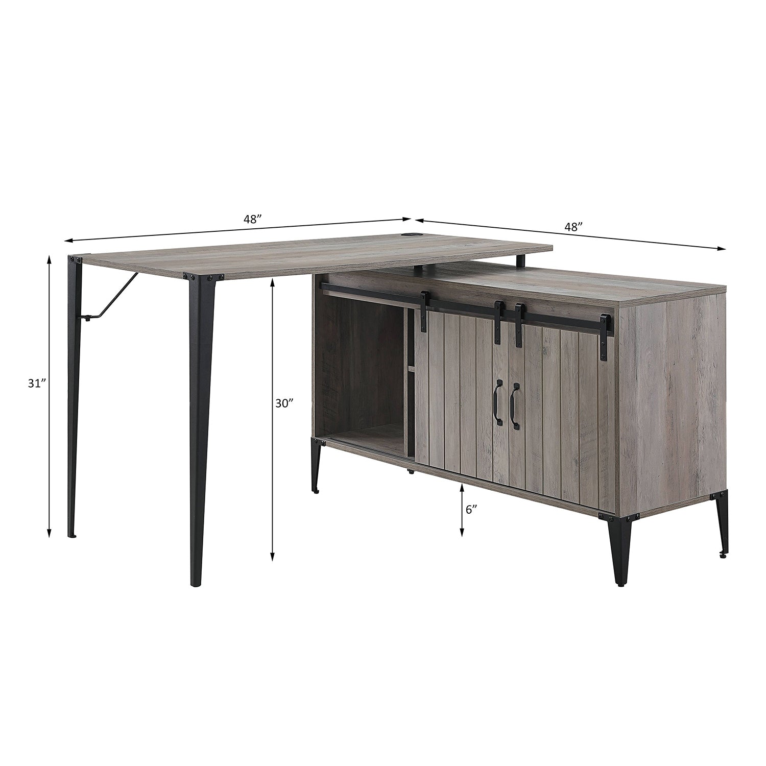 L-Shape Writing Desk with Side Cabinet, Gray Oak and Black