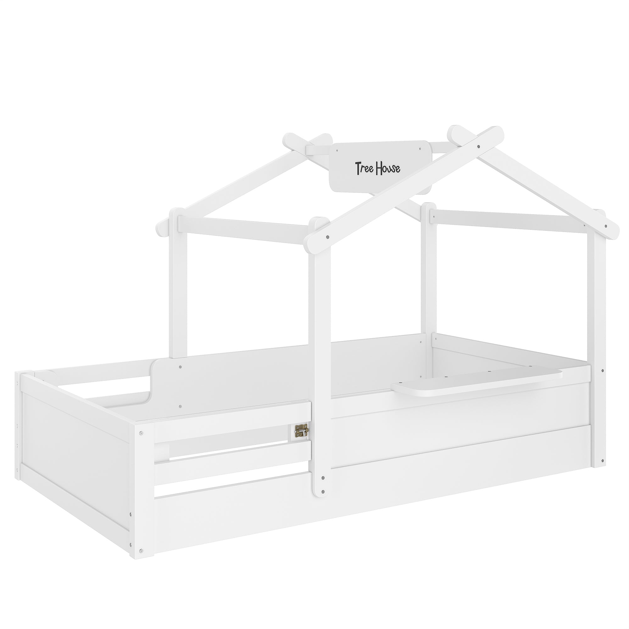 Twin Size Floor Bed with Guardrails and Roof, Kids House Floor Bed with a Small Built-in Tray and Free-installed Signboard, Childlike Design, White