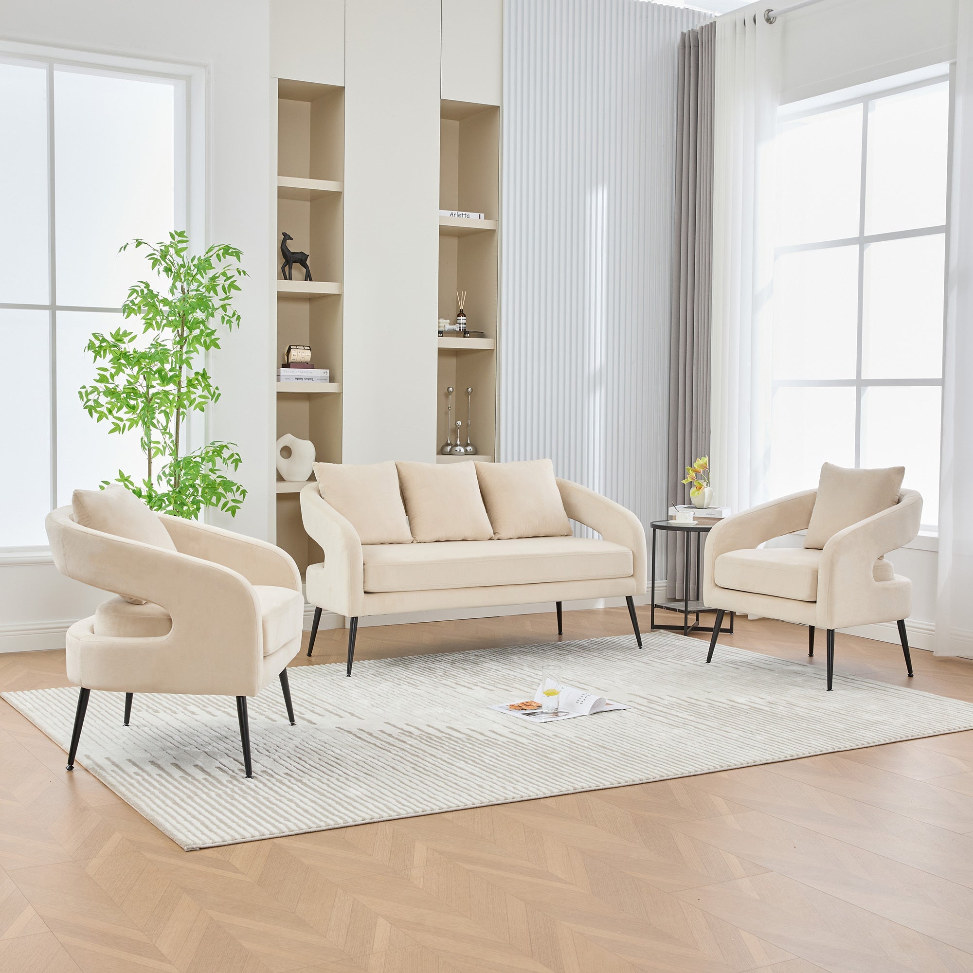 Mid Century Modern Velvet 3-Piece Living Room Set with Metal Legs in Beige, Loveseat & 2 Accent Chairs, Upholstered in Soft Velvet with Round Arms and Solid Wood Frame