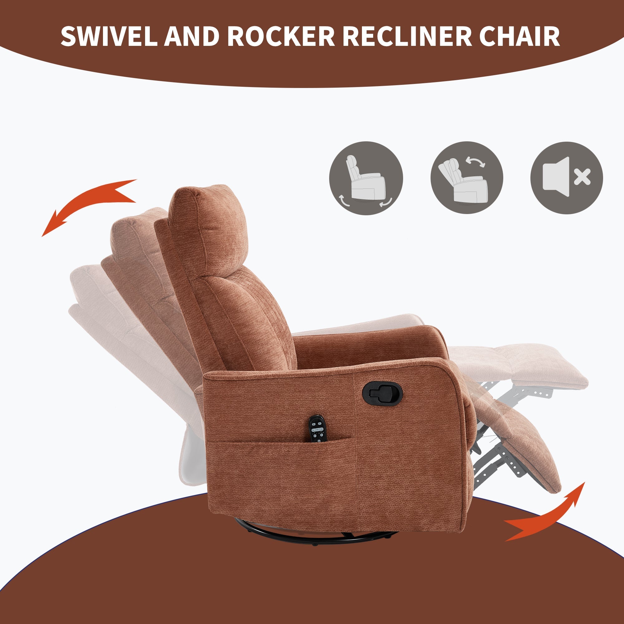 Orange Heat Massage Manual Recliner Chair with Rocker and Swivel in Fabric for Living Room
