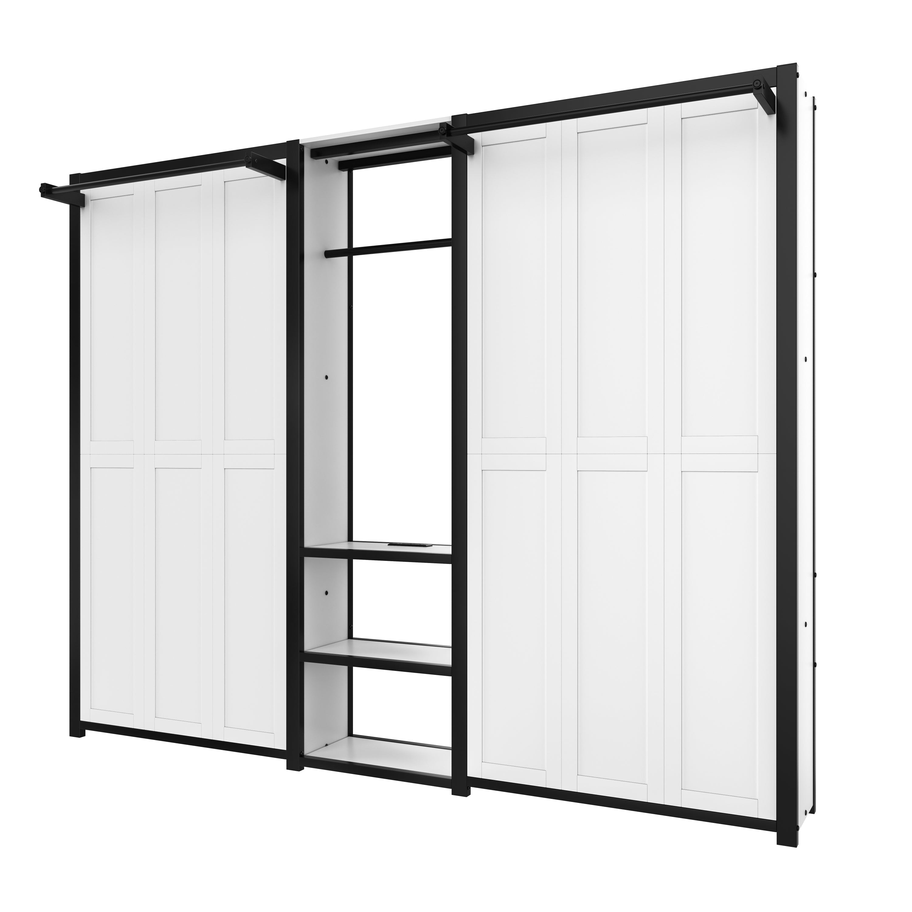 Twin and Twin Murphy Bed, Metal Foldable Murphy Bed with Wardrobe, Shelves and Power Outlets, 2 in 1 Design, Space-saving, White