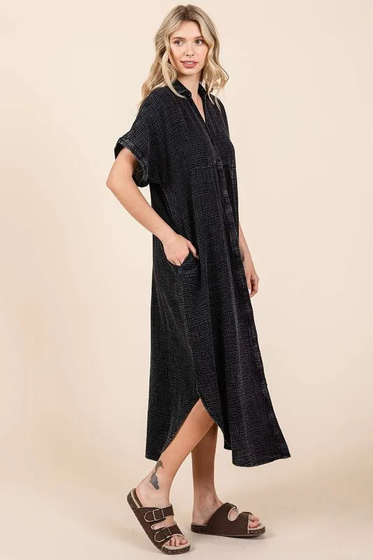 Mittoshop Mineral Wash V Neck Button Up Midi Shirt Dress