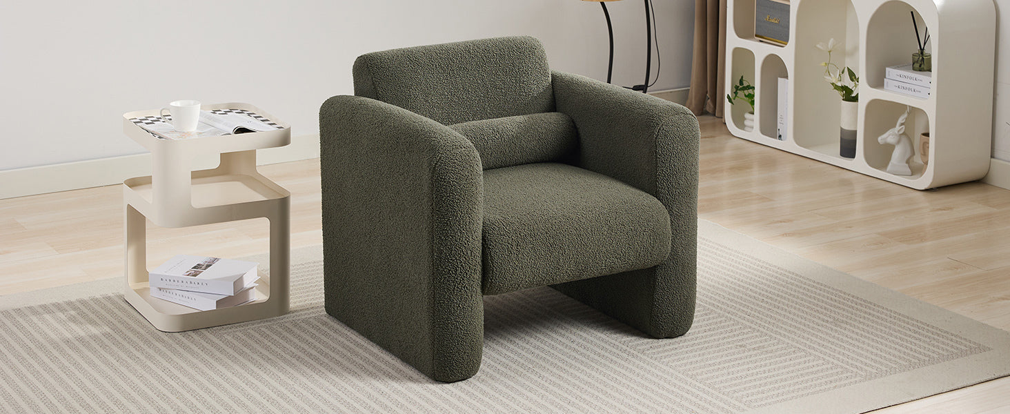 Modern Accent Chair Lambskin Sherpa Fabric Upholstered Comfy Reading Arm Chair Seaweed Green