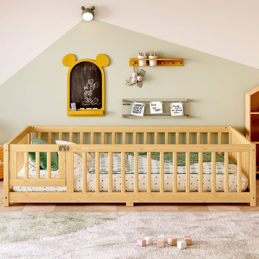 Full Size Bed Floor Bed with Safety Guardrails and Door for Kids, Natural(Old SKU:  W1580P154627)