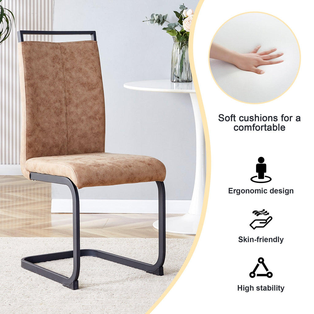 Modern Dining Chairs, Technology cloth High Back Upholstered Side Chair with C-shaped Tube Black Metal Legs for Dining Room Kitchen Vanity  Club Guest Office chair (Set of 4)Brown 1162