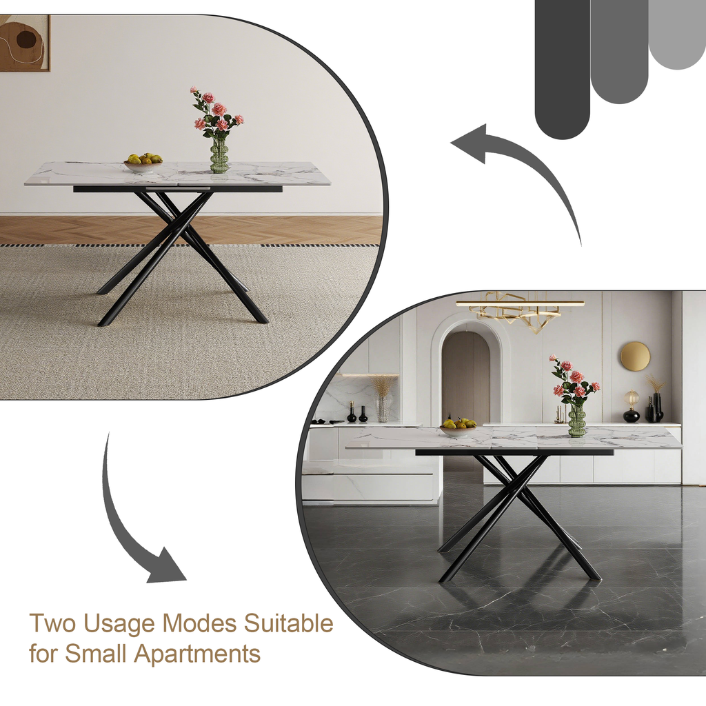 59-inch Modern rectangle Expandable Dining Table with Retractable Leaf, Sintered Stone Top & Black Carbon Steel X-Base, Sturdy 4-6 Person Table for Small Apartments, Kitchen, Dining Room
