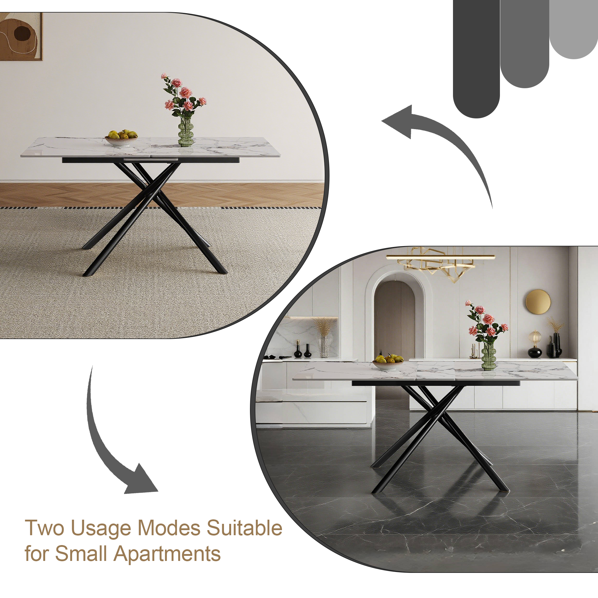 59-inch Modern rectangle Expandable Dining Table with Retractable Leaf, Sintered Stone Top & Black Carbon Steel X-Base, Sturdy 4-6 Person Table for Small Apartments, Kitchen, Dining Room