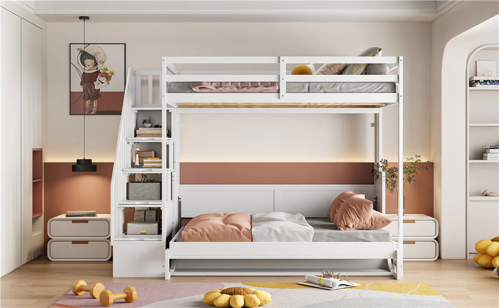 Full Over Full Size Murphy Bed with Hydraulic Lift & Desk Design, White