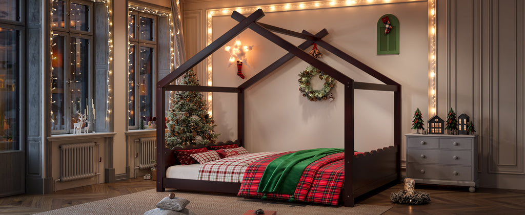 Queen House Floor Bed with Support Slats, Solid Wood House Bed Frame for Kids, No Box Spring Needed and Opening Constructure, Espresso
