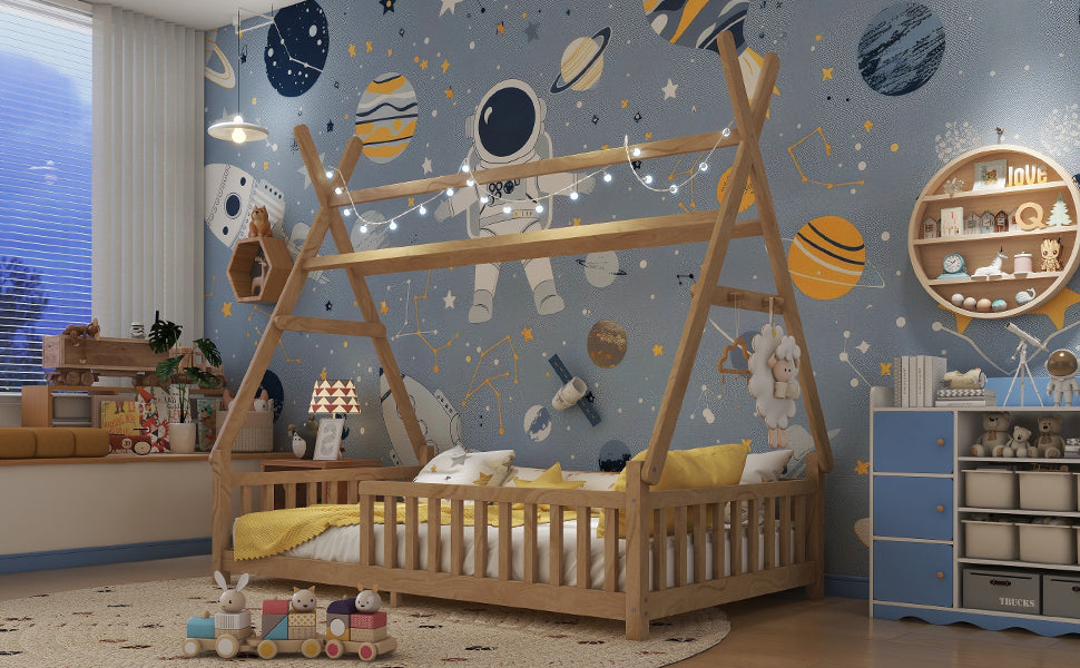 Twin House Bed with Light, Low Floor House Bed with Fence and Roof for Kids Boys Girls,Natural(Expect arrive date 2025/7/20)
