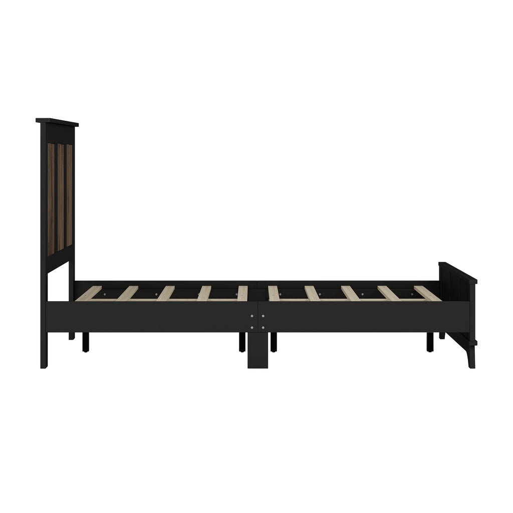 4-Pieces Bedroom Sets, Queen Size Farmhouse Platform Bed with Wooden Strip Stickers Decoration, Storage Nightstand and Dresser with Metal Handle, Black(Old SKU: HL000191AAB)