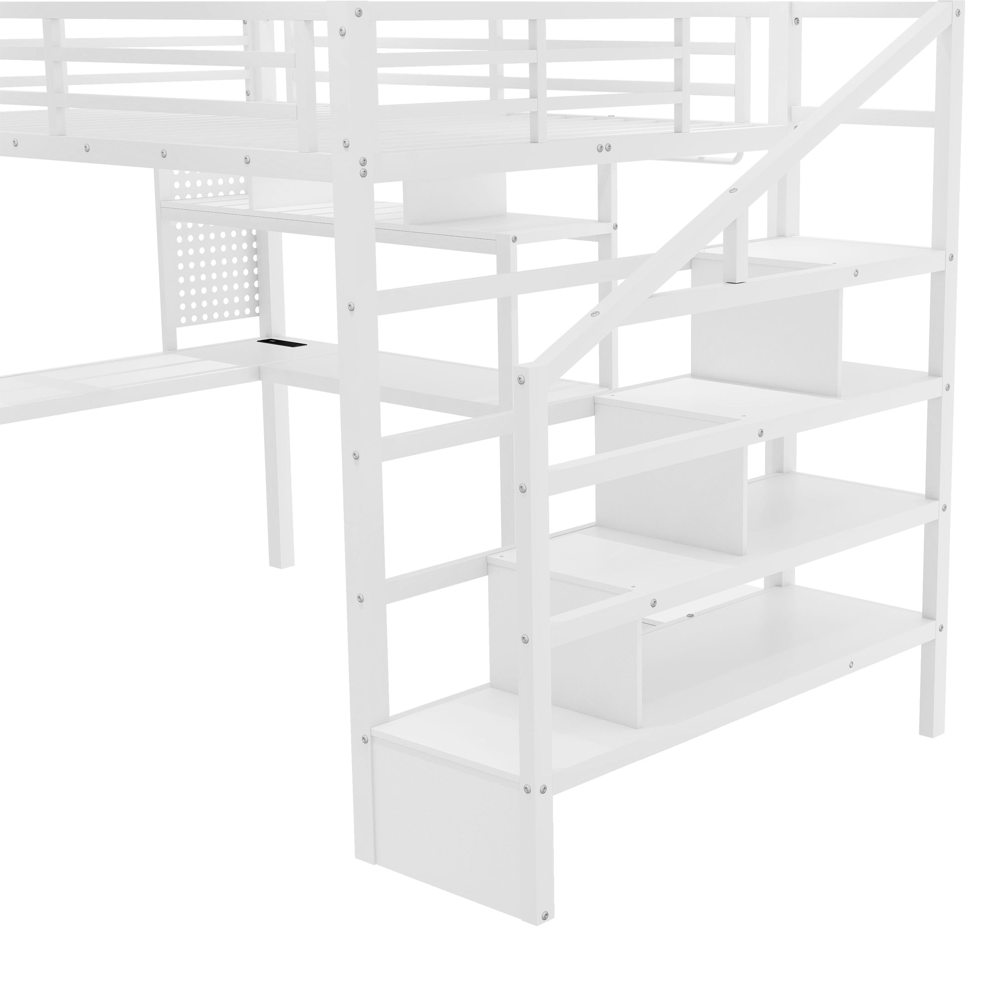 Full Size Loft Bed with LED Light & Charge Station, Metal Loft Bed with Desk and Staircase, Loft bed with Wardrobe for Kids, White (Expect Arrival Date 2025/4/30)