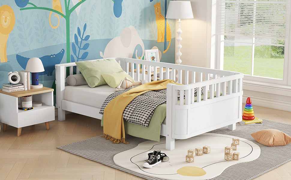 Twin Size Wood Platform Bed for Kids, Wood Low Profile Twin Bed with Rails for Girls and Boys, White (Patented Design)