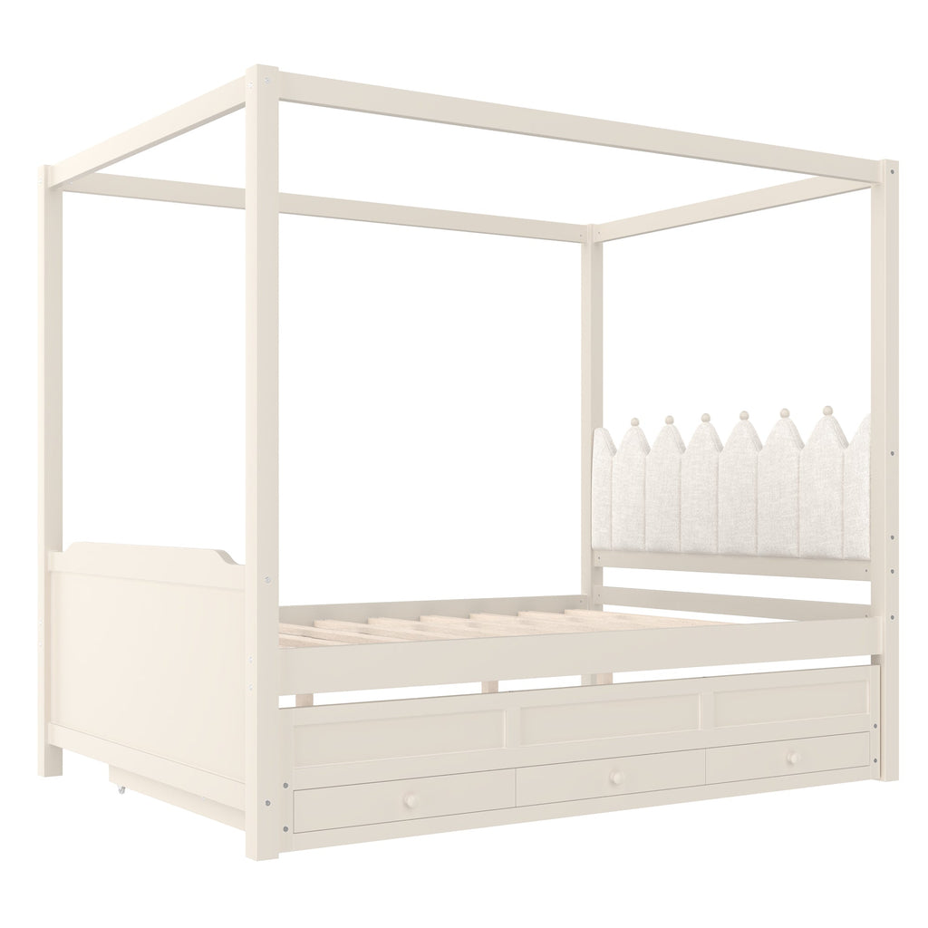 Full Platform Bed with Upholstered Headboard,Twin Size Trundle and 3 Drawers,Princess Canopy Bed Frame for Kids,Storage & Easy Assembly,Beige.