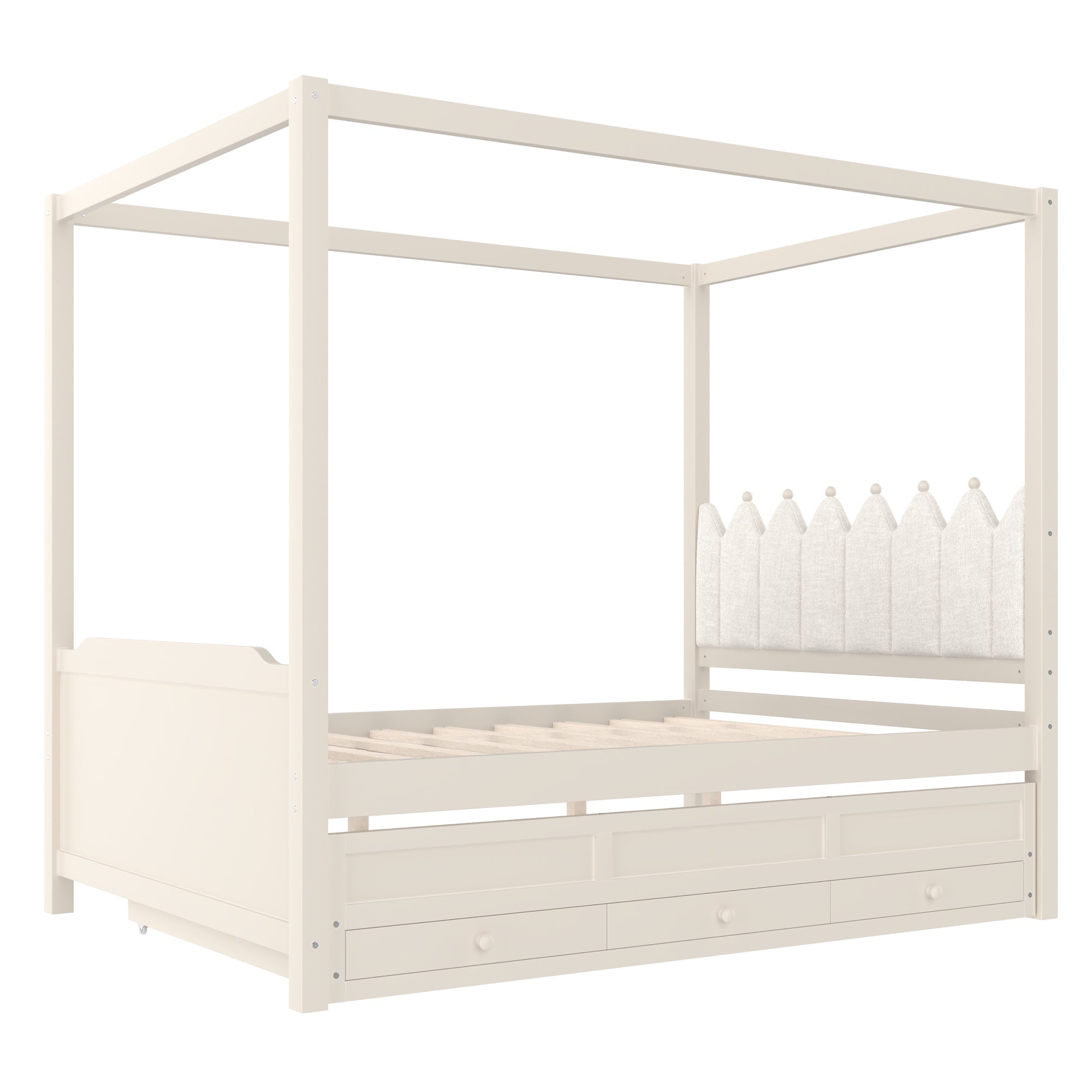 Full Platform Bed with Upholstered Headboard,Twin Size Trundle and 3 Drawers,Princess Canopy Bed Frame for Kids,Storage & Easy Assembly,Beige.