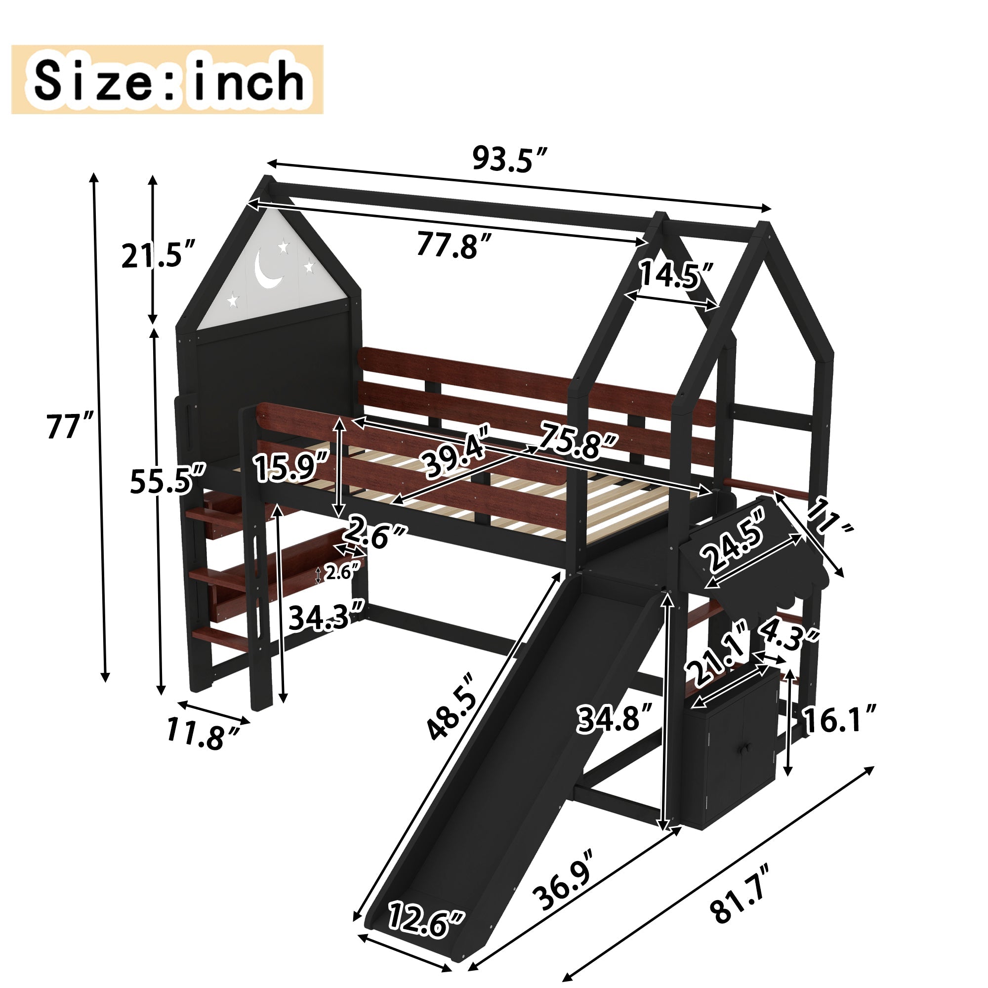 Twin Size Loft Bed with Bookshelf Playful Design for Kids House-Shaped Structure with Slide High-Quality Safety Rails,Beige/Natural /Black