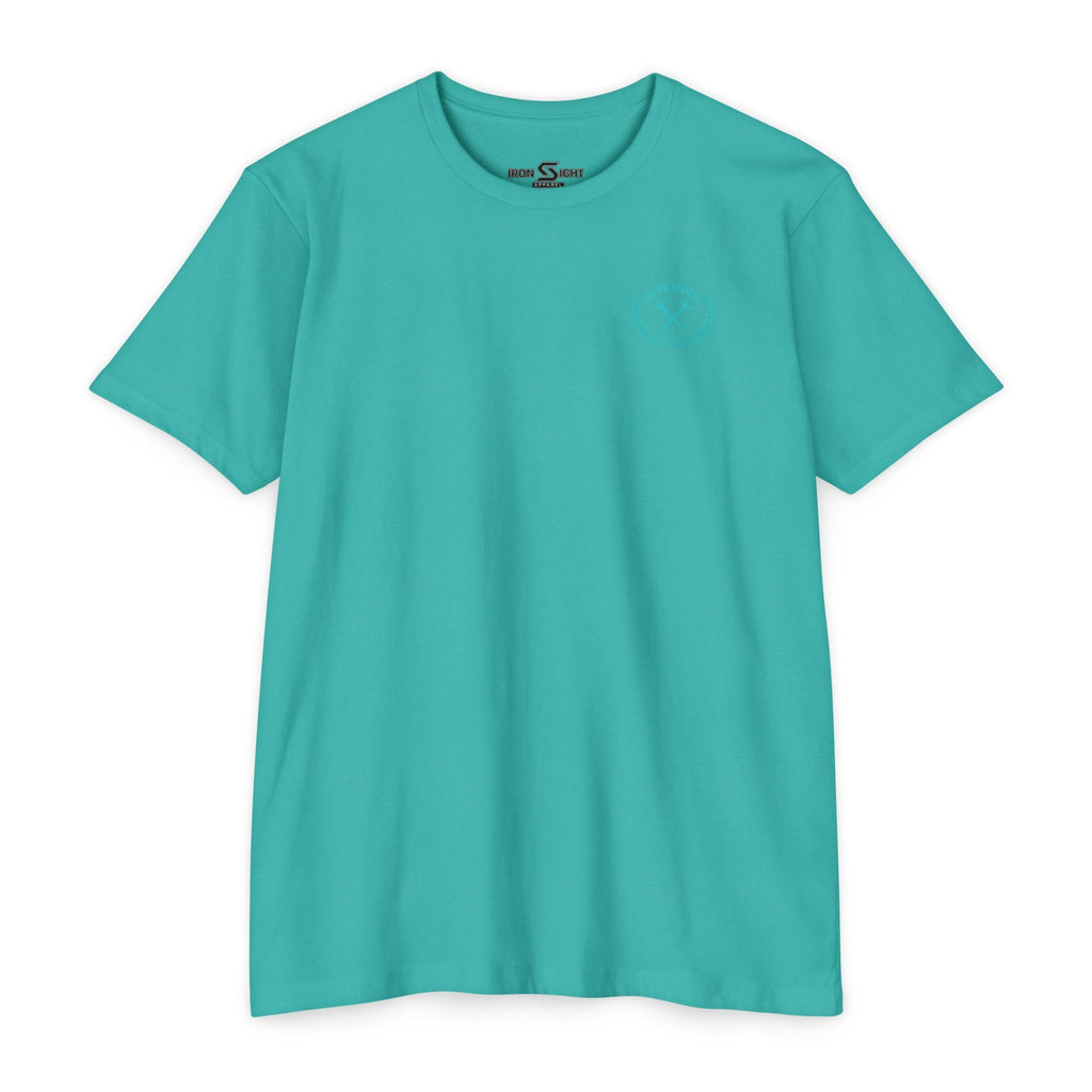 Beachfront Golf Club Stamp T-Shirt — Female Golfer Tropical Iron Sight Design