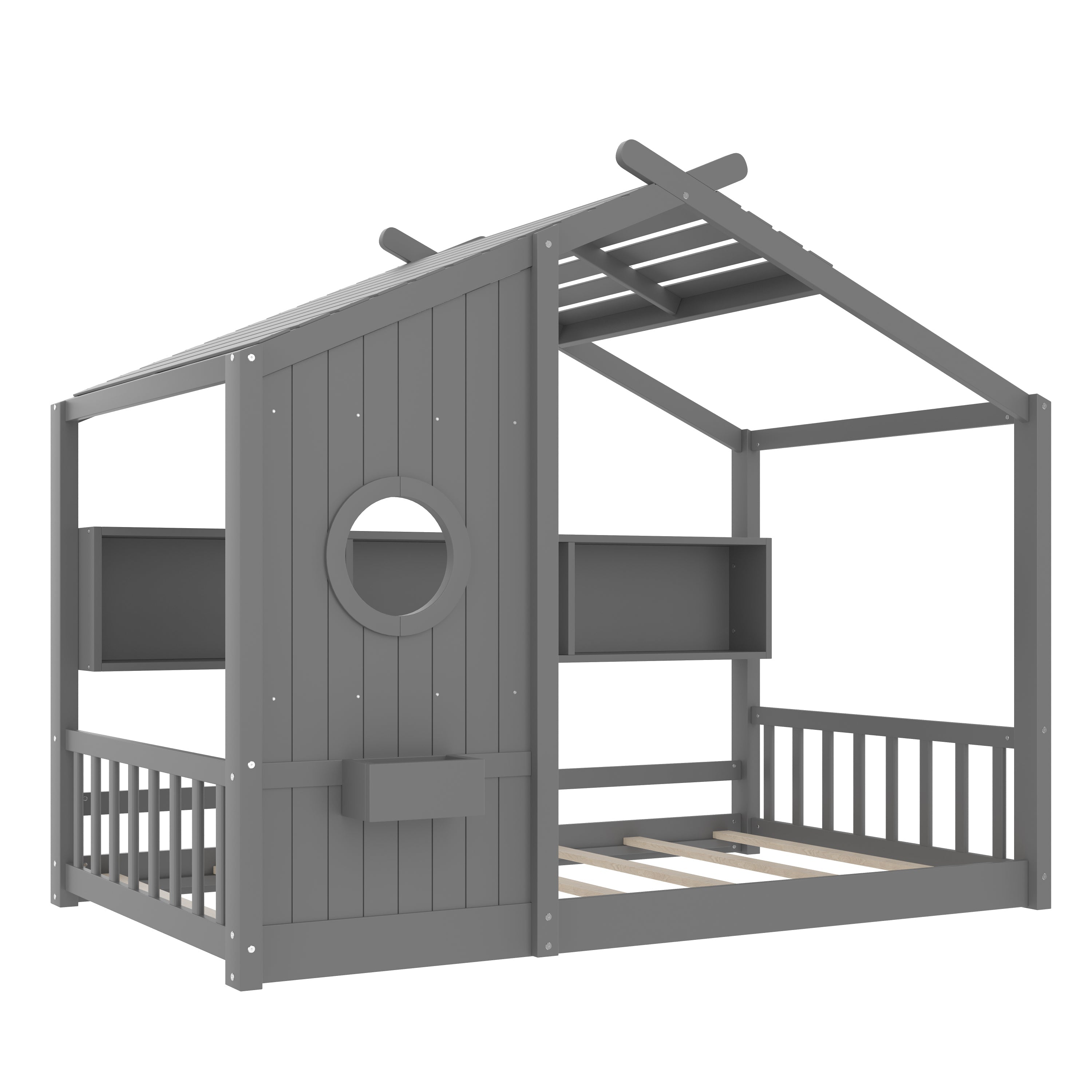 Twin Size Floor House Bed for Toddler, Kids Montessori Bed  with Storage Shelf, Playhouse Bed with Roof Design, Gray