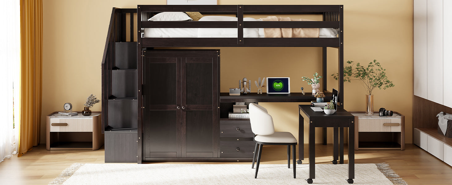 Twin Size Loft Bed with Stairs, Bookshelf, Drawers, Desk & Wardrobe – Space-Saving Multifunctional Furniture for Kids & Teens-Espresso