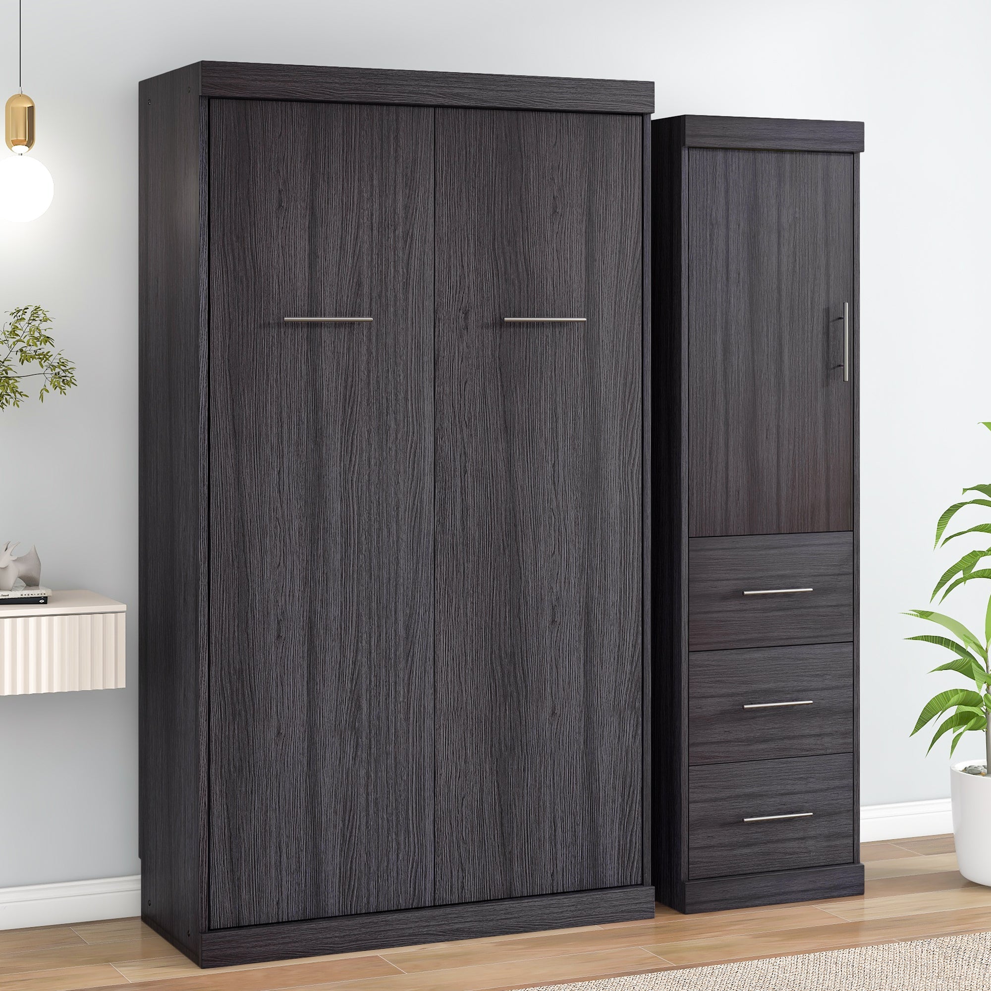 Twin Size Murphy Bed with Wardrobe and Drawers, Storage Bed, can be Folded into a Cabinet, Gray