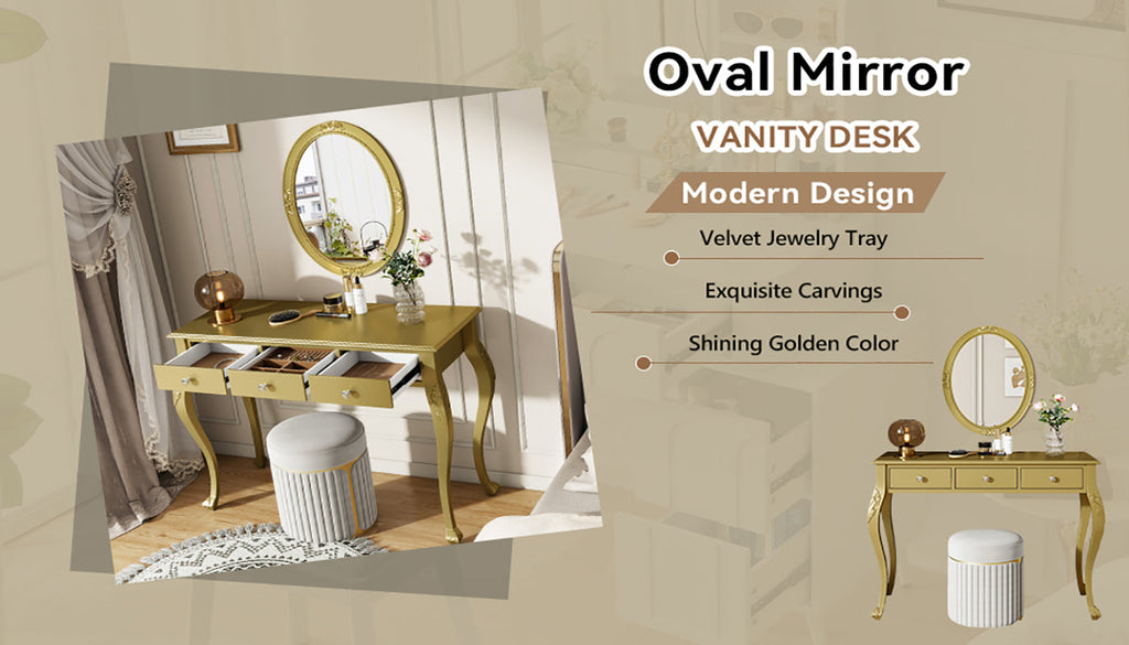 Luxury Makeup Vanity Desk with Oval Mirror, 3-Drawer Dressing Table for Jewelry Storage, Elegant Console Table for Entryway, Living Room & Bedroom, Stylish Home Decor,Gold