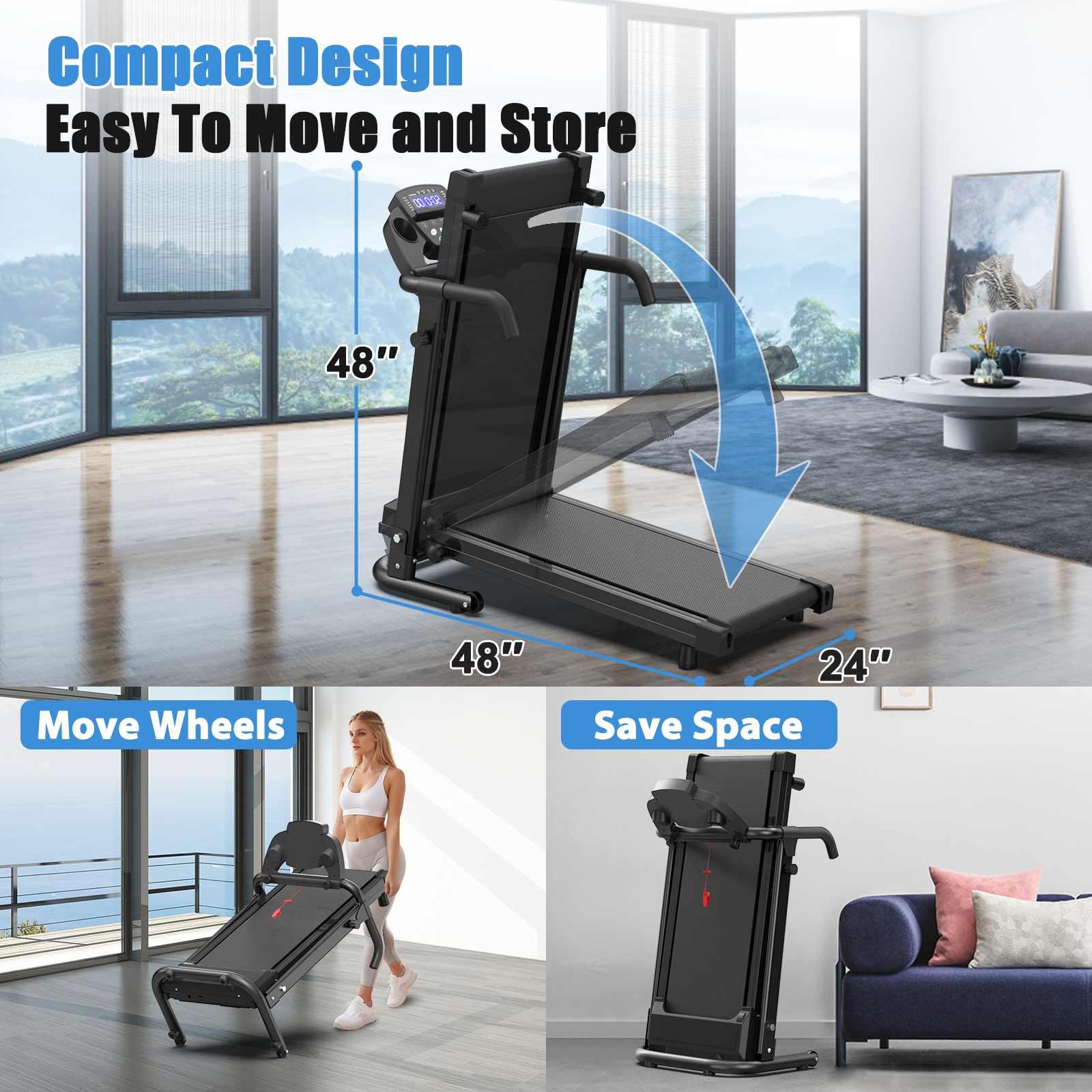 Foldable Treadmill for Home, 2.5HP Portable Treadmill with Handles, 300 lbs Capacity, APP Control & LED Display - Folding Walking Pad for Fitness