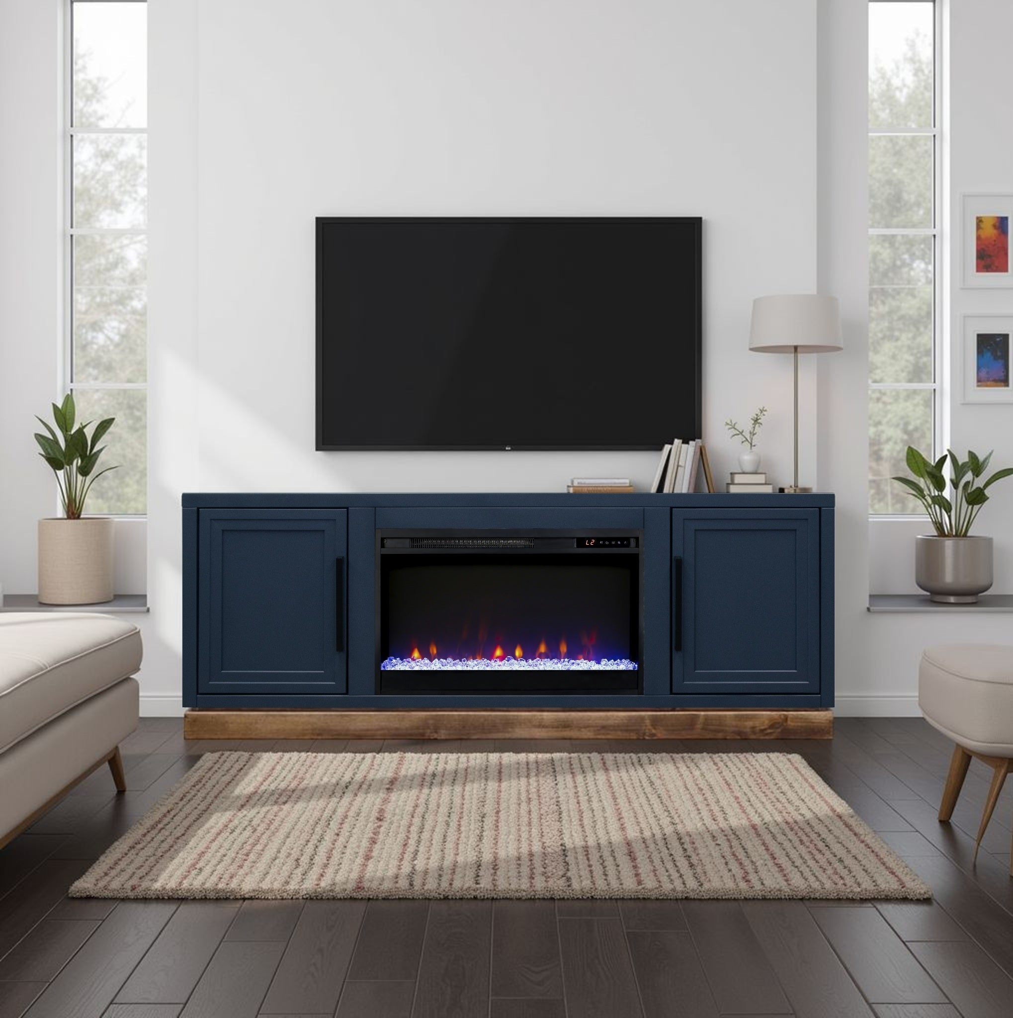 Nora 64 inch Fireplace TV Stand, for TVs up to 85 inches, Blue Denim and Whiskey Finish