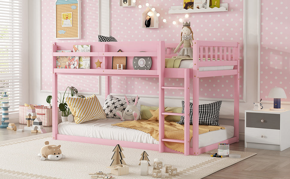 Low Twin Over Twin Bunk Bed, Floor Bunk Bed with Ladder, Solid Wood Twin Bunk Bed for Kids & Juniors, Pink(Expect Arrival Date 2025/11/25)