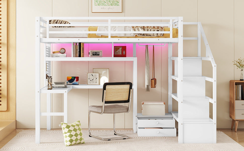 Full Size Loft Bed with LED Light & Charge Station, Metal Loft Bed with Desk and Staircase, Loft bed with Wardrobe for Kids, White (Expect Arrival Date 2025/4/30)