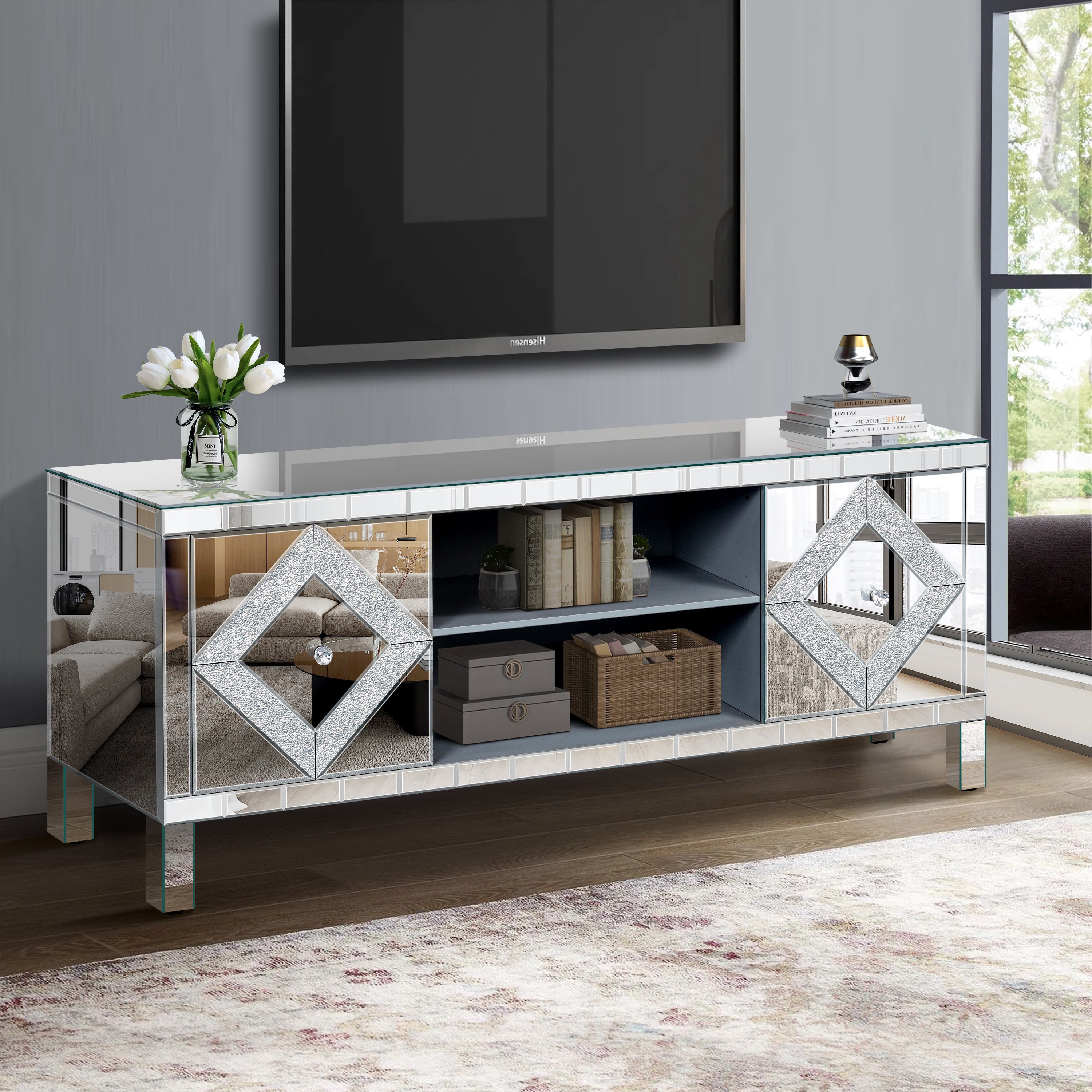 Mirrored TV Stand for 65+ inch TV,Sliver TV Console Table with Open Storage & 2 Storage Cabinets ,Diamond Shape Sparkling Mirror Doors for Living Room(59''W x 25.2''H x 15.7D)